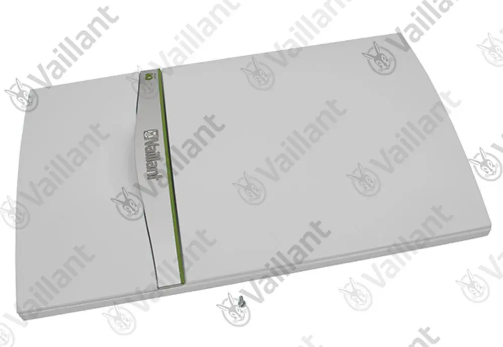 Weißes Frontpanel von Vaillant, rechteckige Form mit geprägtem Logo und grünem Akzent, geeignet für Heizungs- oder Klimageräte.